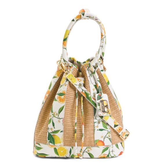VALENTINA Tan Made In Italy Leather And Straw Fruit Front Bucket Bag